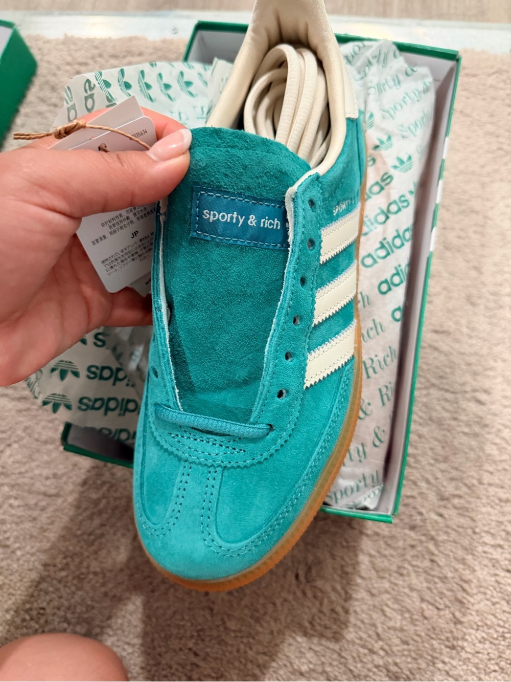 sporty & rich Teal Suede Sneakers with Cream Stripes